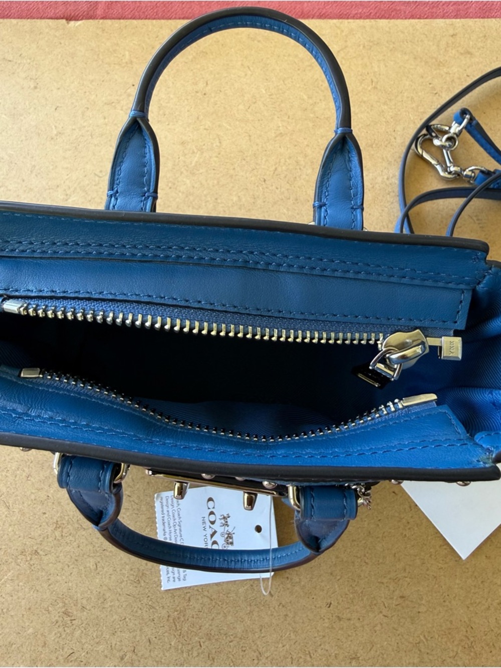 Coach Blue Studded Leather Rogue Satchel Silver Rivets NWT Crossbody Bag - Picture 12 of 15